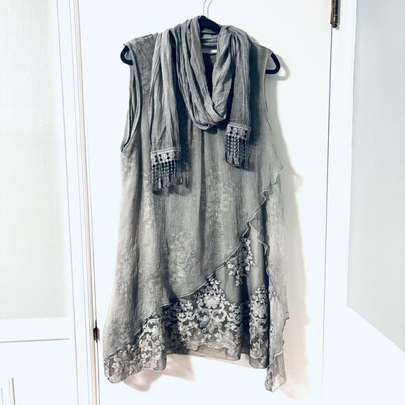 Fashion Concepts L lace overlay dress & scarf bohemian sage green - Picture 1 of 15